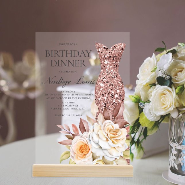 Modern Rose Gold Blush Floral Dress Birthday Acrylic Invitations (Creator Uploaded)
