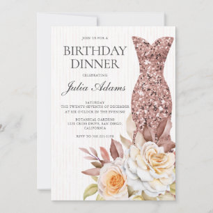 Modern Rose Gold Blush Floral Dress Birthday Invitation