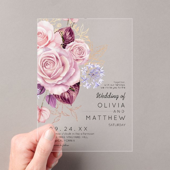 Modern Rose Gold Blush Floral Wedding  Acrylic Invitations (Insitu (Handheld))