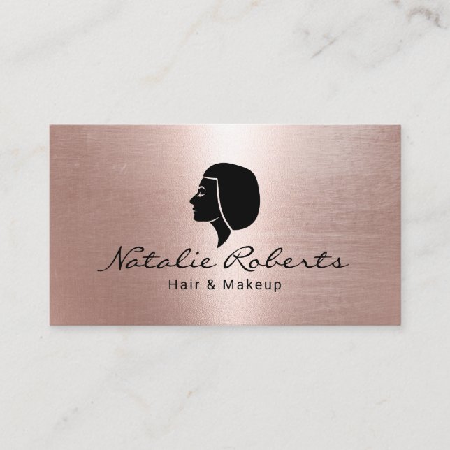 Modern Rose Gold Bob Hair Logo Beauty Salon Business Card (Front)