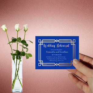 Modern Rose Gold Border Navy Blue Rehearsal Card