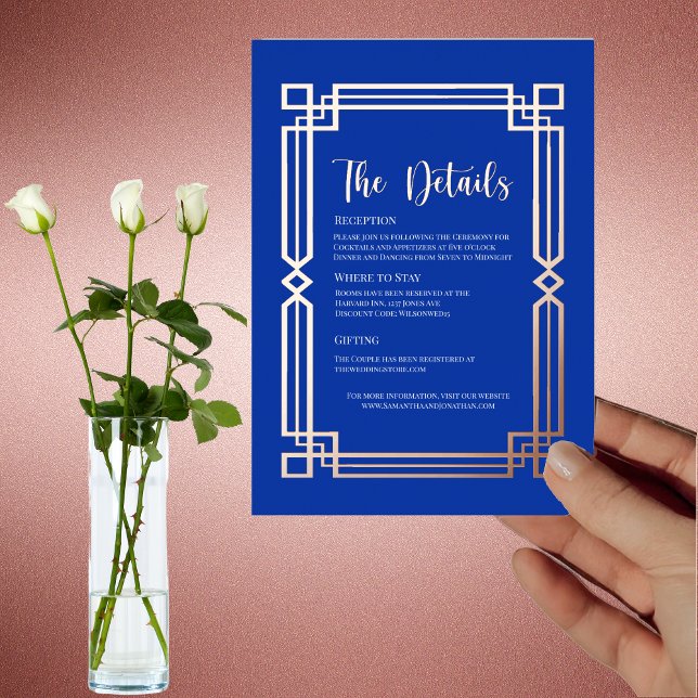 Modern Rose Gold Border on Navy Blue Details Card (Creator Uploaded)