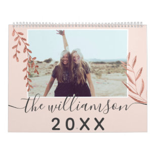 Modern rose gold branch blush pink 13 photo grid calendar