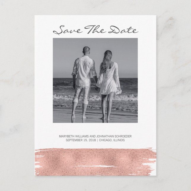 Modern Rose Gold Brush Save The Date Postcard (Front)