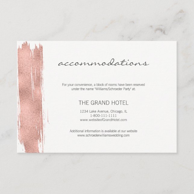 Modern Rose Gold Brush Wedding Accommodation Card (Front)