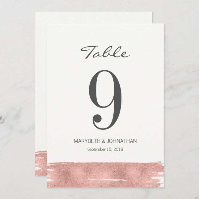 Modern Rose Gold Brush Wedding Table Number Card (Front/Back)