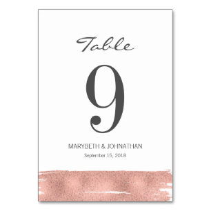 Modern Rose Gold Brush Wedding Table Number Card