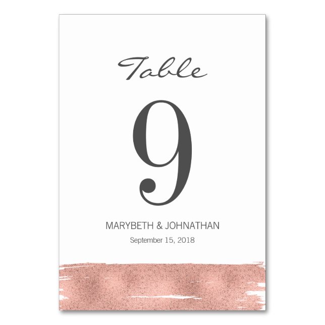 Modern Rose Gold Brush Wedding Table Number Card (Front)