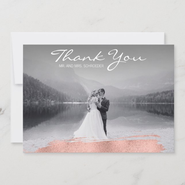 Modern Rose Gold Brush Wedding Thank You Card (Front)
