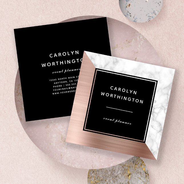 Modern Rose Gold Brushed Foil White Marble Black Square Business Card (Creator Uploaded)