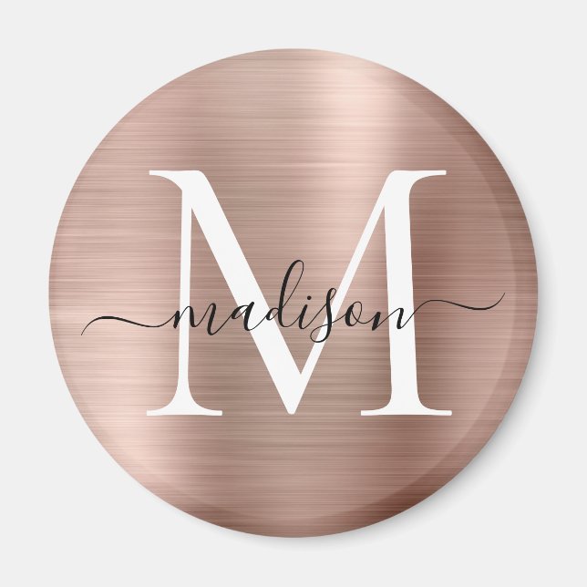 Modern Rose Gold Brushed Metal Monogram Script Magnet (Front)
