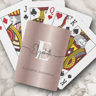 Modern Rose Gold Brushed Metal Script Monogrammed Playing Cards