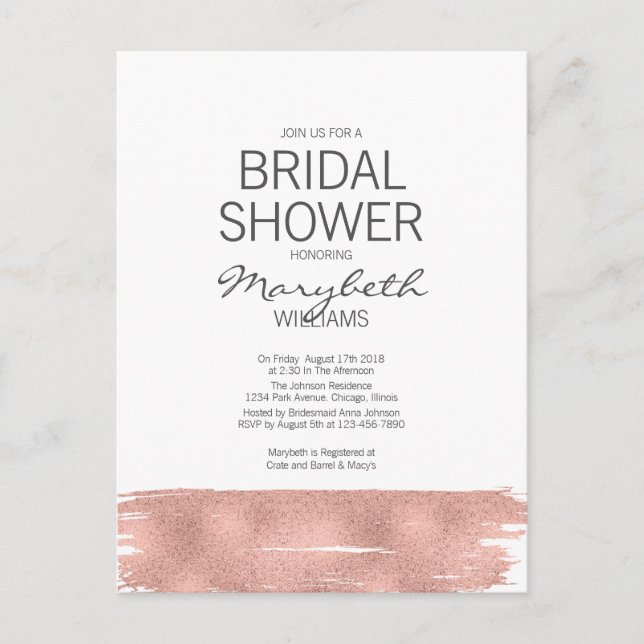Modern Rose Gold Brushstroke Bridal Shower Card (Front)