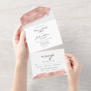Modern Rose Gold Brushstroke RSVP Wedding All In One Invitation