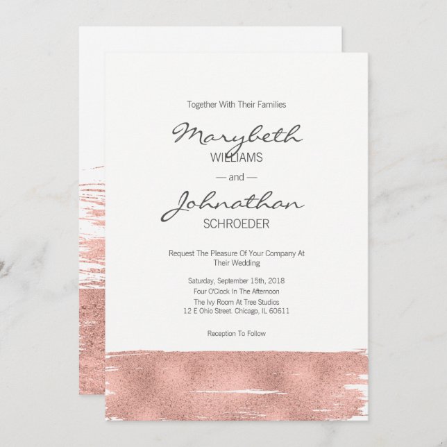 Modern Rose Gold Brushstroke Wedding Card (Front/Back)