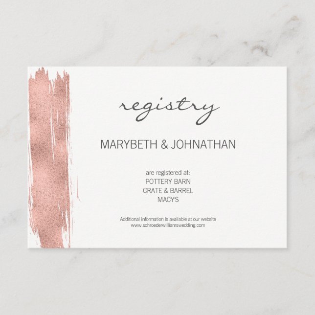Modern Rose Gold Brushstroke Wedding Registry Card (Front)