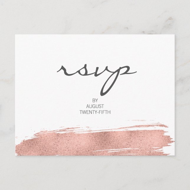 Modern Rose Gold Brushstroke Wedding RSVP Postcard (Front)