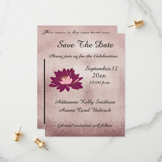 Modern Rose Gold Burgundy Floral Elegant Save The Date (Front/Back In Situ)