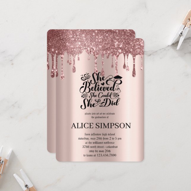 Modern rose gold chic minimalist photo graduation  invitation (Front/Back In Situ)