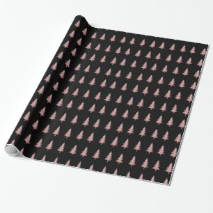 Modern Rose Gold Christmas Trees On Black Wrapping Paper