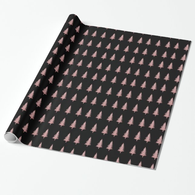 Modern Rose Gold Christmas Trees On Black  Wrapping Paper (Unrolled)