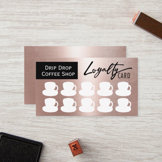 Modern Rose Gold Coffee Shop Coffee Cups Loyalty Card (Front/Back In Situ)
