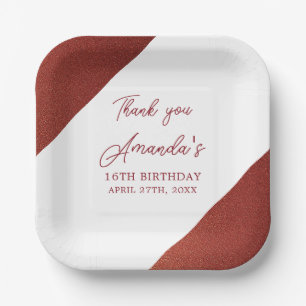Modern Rose Gold Copper Glitter Sweet 16 Birthday Paper Plate
