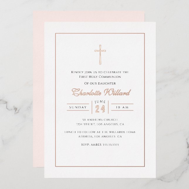 Modern Rose Gold Cross Girls First Communion (Front/Back)