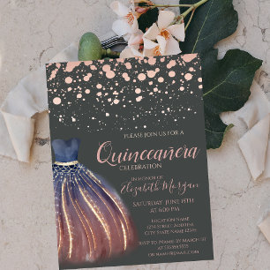 Modern Rose Gold Dots,Chic Dress Grey Quinceañera Invitation