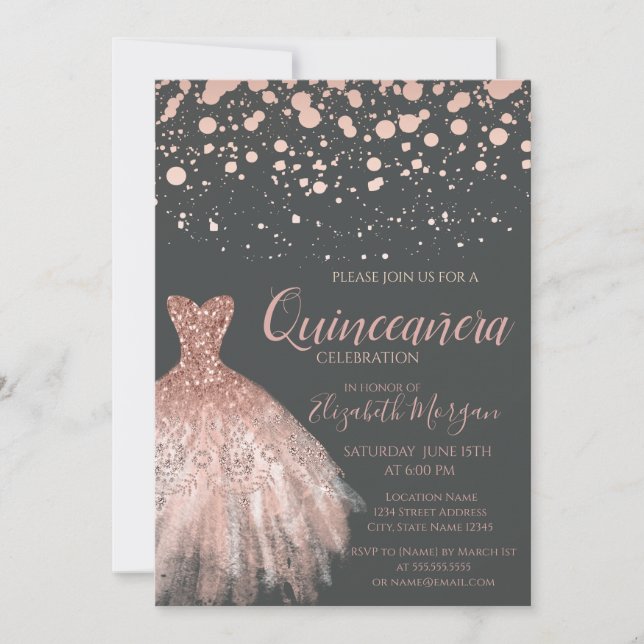 Modern Rose Gold Dots,Dress Grey  Quinceañera Invitation (Front)