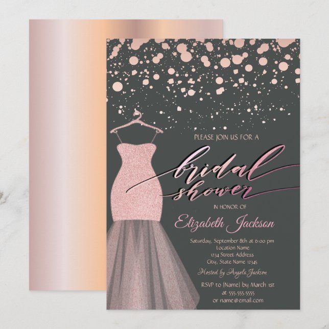 Modern Rose Gold Dots Glitter Dress Bridal Shower Invitation (Front/Back)