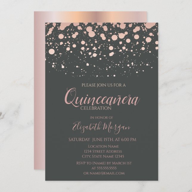 Modern Rose Gold Dots, Grey  Quinceanera Invitation (Front/Back)