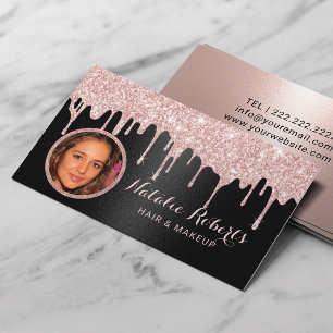 Modern Rose Gold Drips Black Beauty Salon Photo Business Card