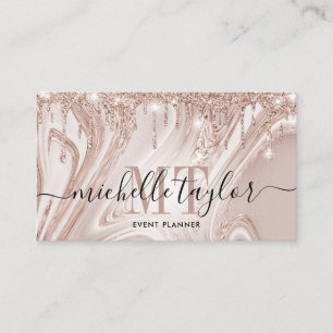 Modern rose gold drips marble monogram business card