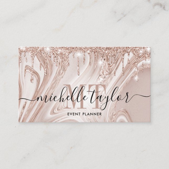 Modern rose gold drips marble monogram business card (Front)