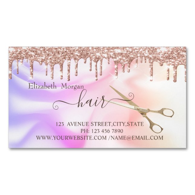 Modern Rose Gold Drips Scissors Hair Holographic Magnetic Business Card (Front)