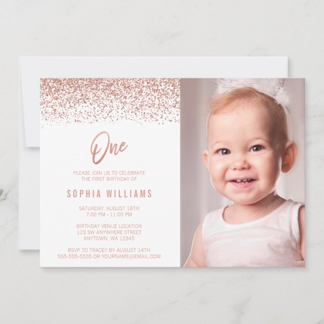 Modern Rose Gold Faux Glitter 1st Birthday Photo Invitation (Front)