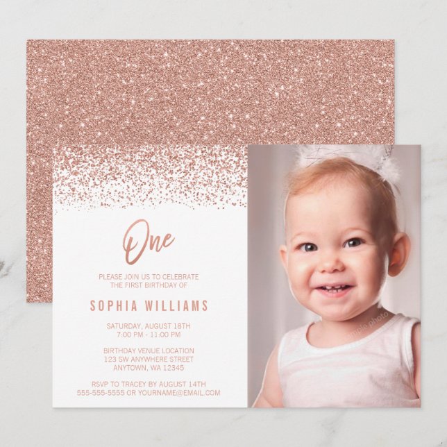 Modern Rose Gold Faux Glitter 1st Birthday Photo Invitation (Front/Back)
