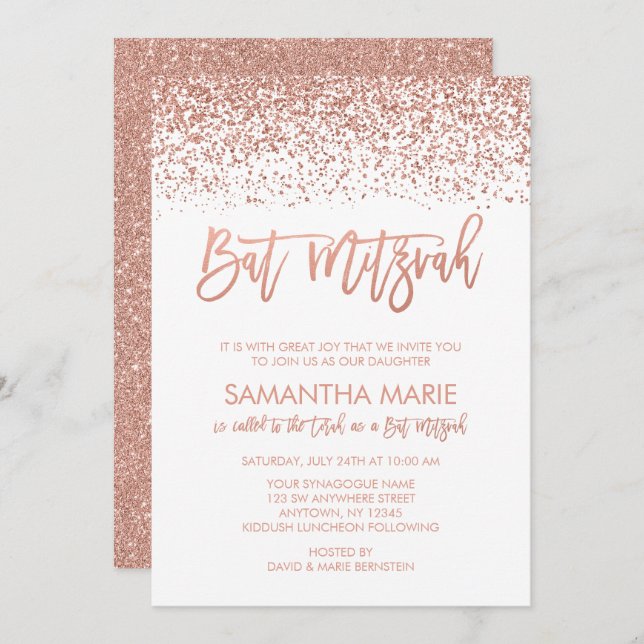 Modern Rose Gold Faux Glitter Bat Mitzvah Invitation (Front/Back)