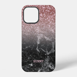 Modern Rose-gold Faux Glitter & Black Marble Ombre iPhone 12 Case