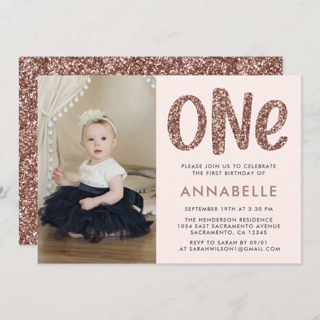 Modern Rose Gold Faux Glitter First Birthday Photo Invitation (Front/Back)