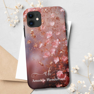 Modern Rose Gold Floral Glitter Monogrammed Chic  iPhone 11 Case