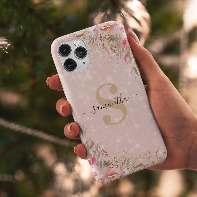 Modern Rose Gold Floral Monogram Name Case-Mate iPhone Case (Creator Uploaded)