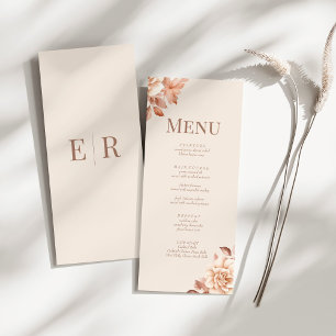 Modern Rose Gold Floral Monogram Wedding Menu Card