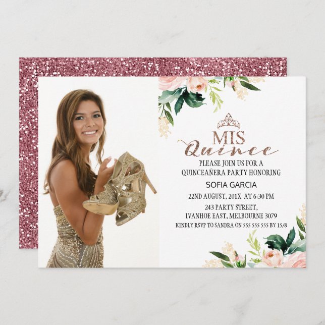 Modern Rose Gold Floral Photo Quinceañera Invitation (Front/Back)