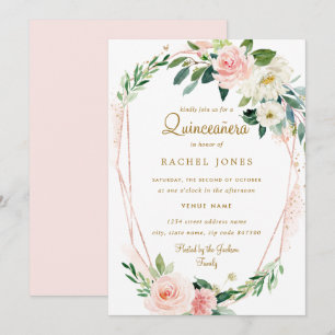Modern Rose Gold Floral Wreath Quinceanera Invitation
