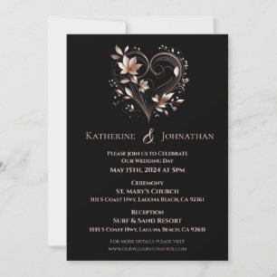 Modern Rose Gold Flowers and a Heart Wedding Invitation
