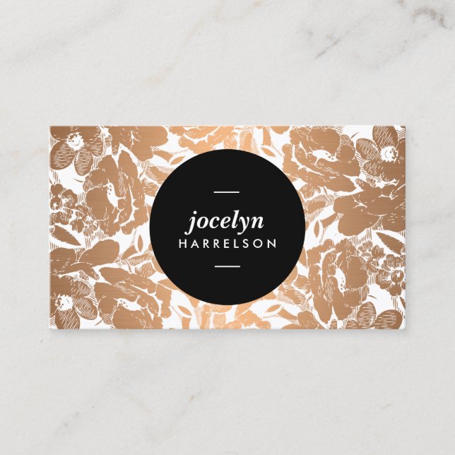 Modern Rose Gold Flowers Black Circle Business Card (Front)