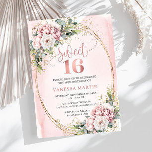 Modern Rose Gold Flowers Eucalyptus 16th Birthday  Invitation