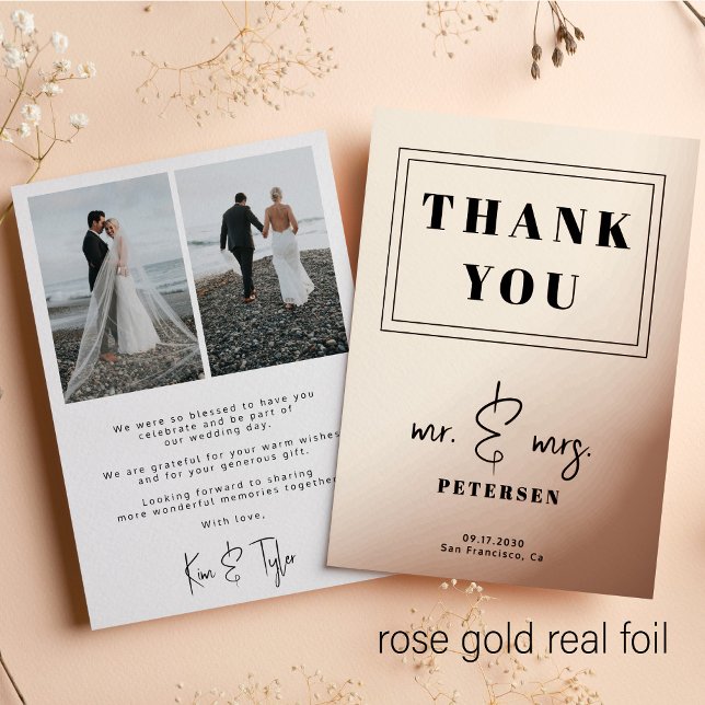 Modern rose gold foil 2 photos wedding thank you (Creator Uploaded)